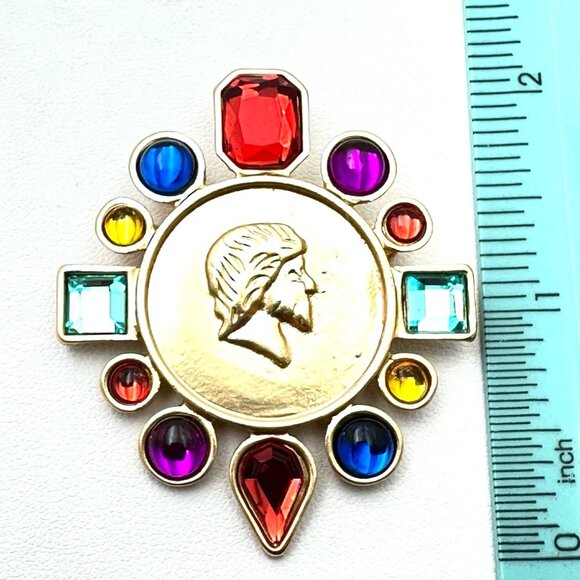 Jewel Tone Multicolor Rhinestone Gold Tone Statement Brooch Pin New - Picture 6 of 6